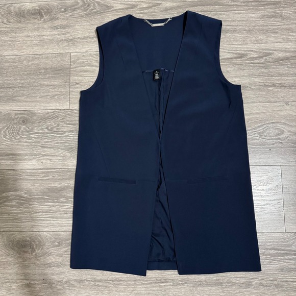 White House Black Market Women Navy Blue Sleeveless Open Tuxedo Lined Vest Sz 12 - Picture 12 of 14
